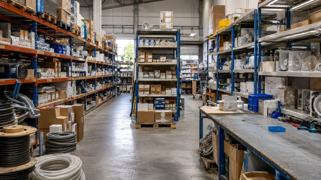 Interior del almacén de Latiendadeelectricidad.com con material eléctrico e iluminación