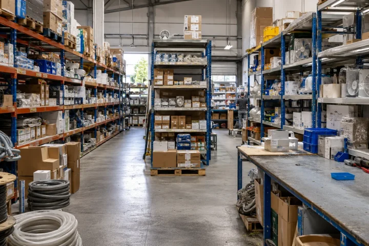 Interior del almacén de Latiendadeelectricidad.com con material eléctrico e iluminación